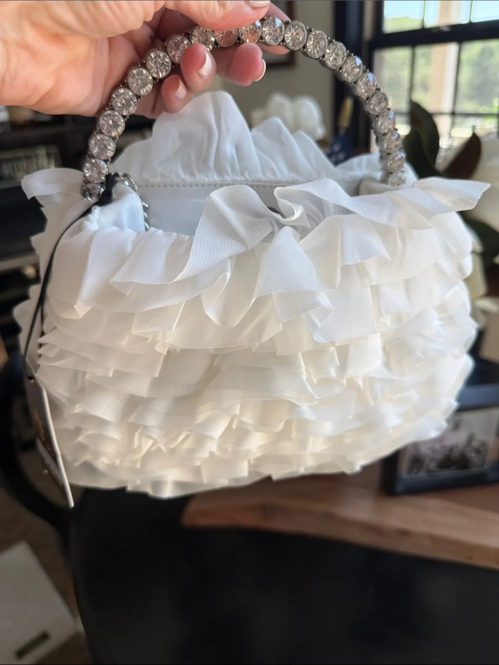 Sincerly Jules White Ruffle Clutch with Crystal Handle